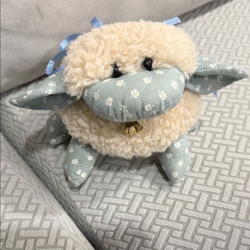 Adorable Lamb Sheep Standing Handmade Plush Fabric Stuffed Animal  Cream Blue